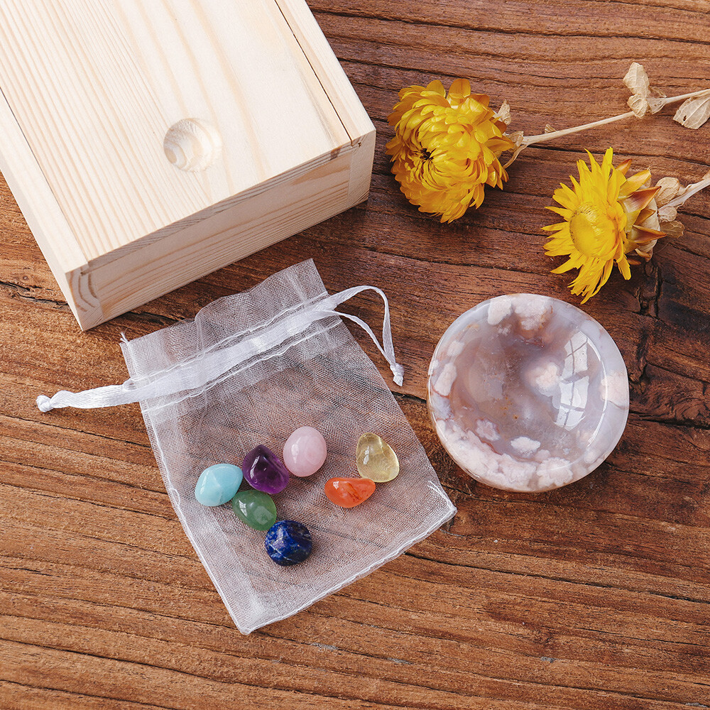 Mini Tumbled Chakra Stone Sakura Agate Bowl Cherry Blosson Stone With Wood Box