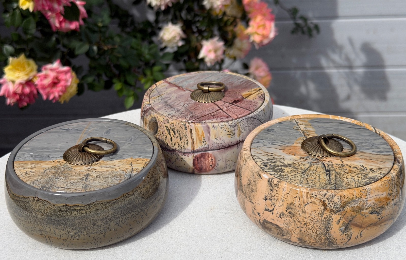 Wholesale Lot 3 Pcs Natural Picture Jasper Bowl With Lid Crystal Healing