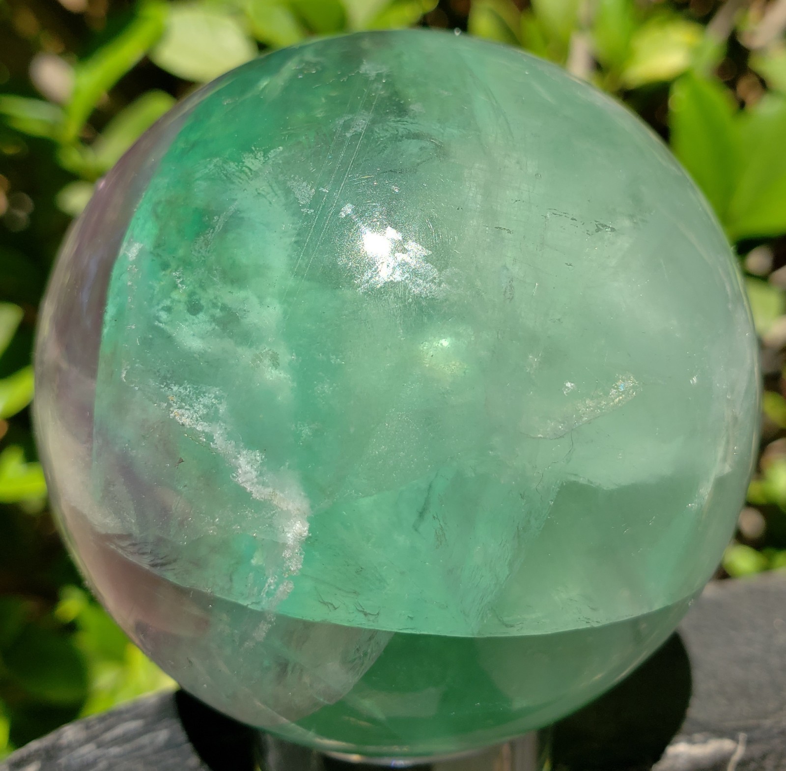 2.6″ Green and Purple Fluorite Quartz Crystal Sphere Ball Orb Rainbow UV, 488g
