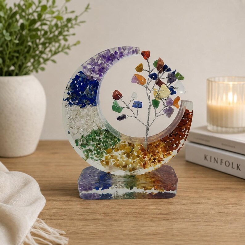 7 Chakra Gemstone Tree Sculpture, Crescent Moon Spiritual Decor, Reiki Healing