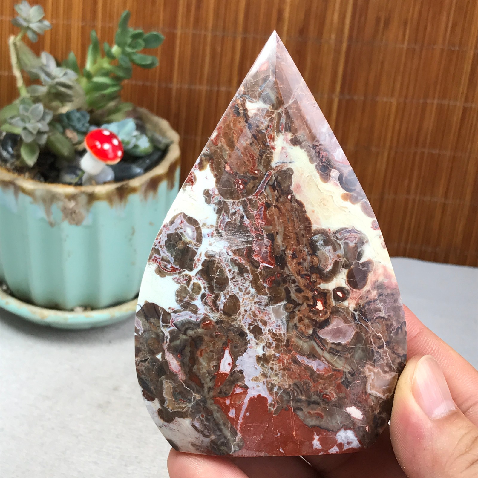 Natural money Mexico agate hand carve leaf Crystal Specimen free standing A6272