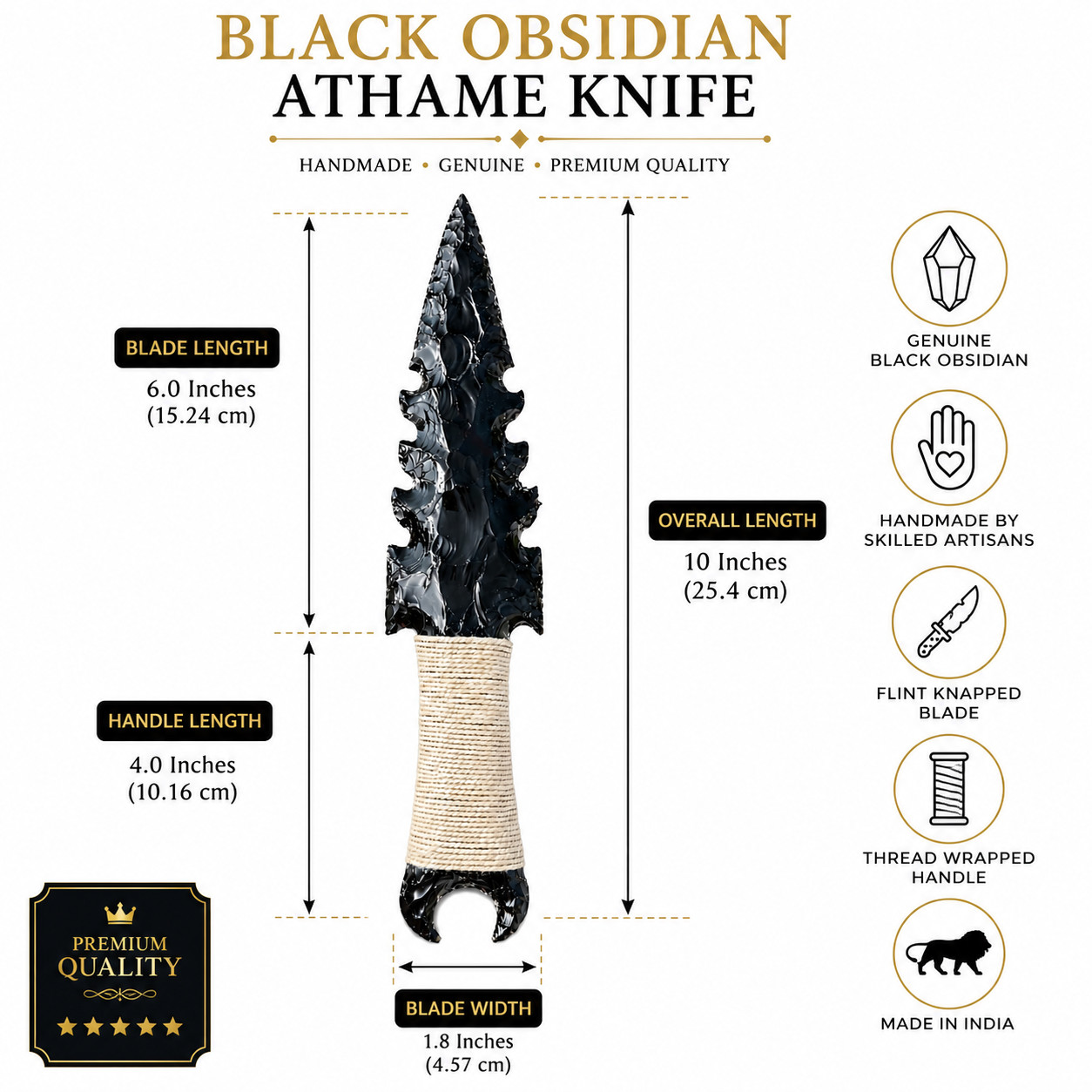 Handmade Black Obsidian Crystal Knife 10″ Flint Knapped Ritual Athame Gift