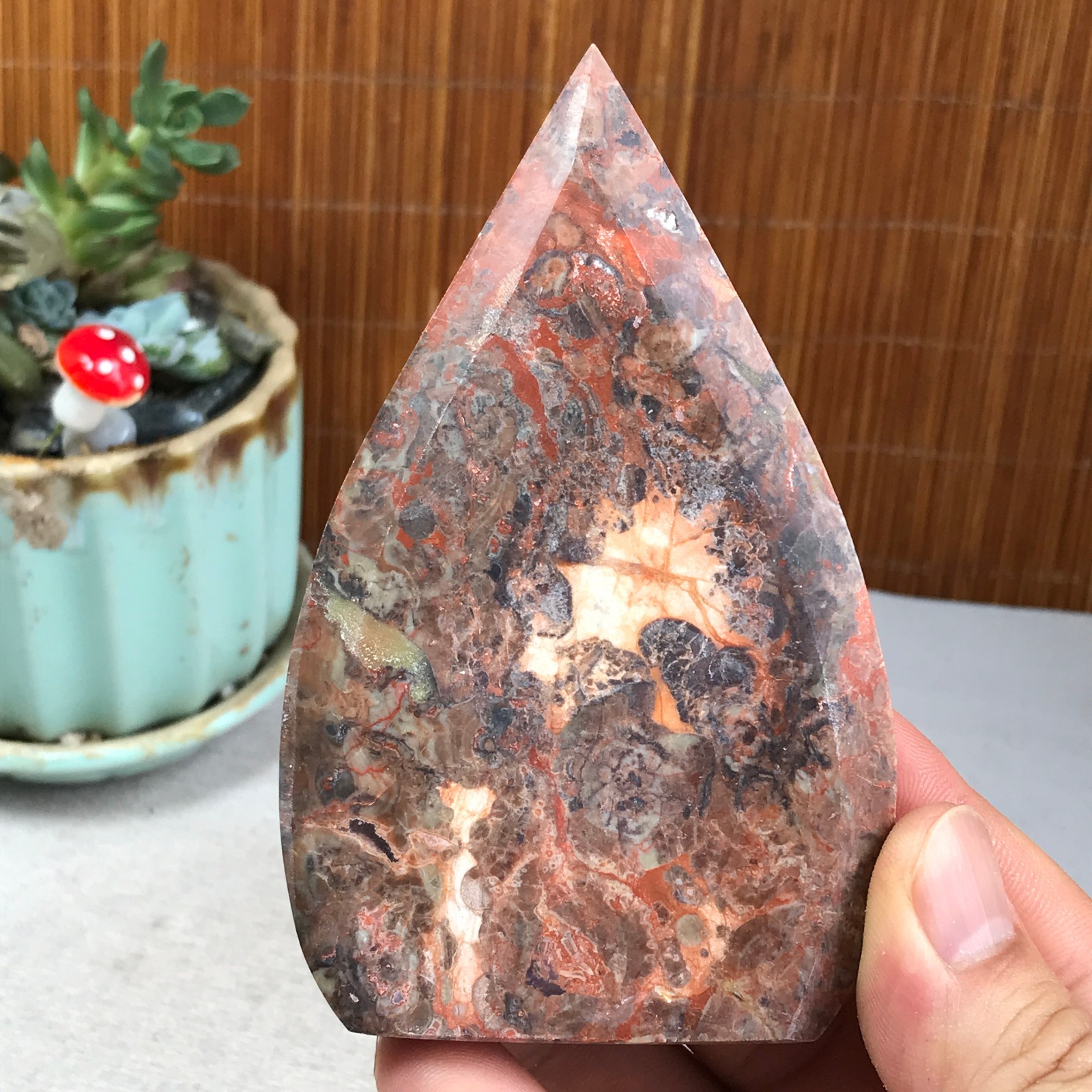 Natural money Mexico agate hand carve leaf Crystal Specimen free standing A6273