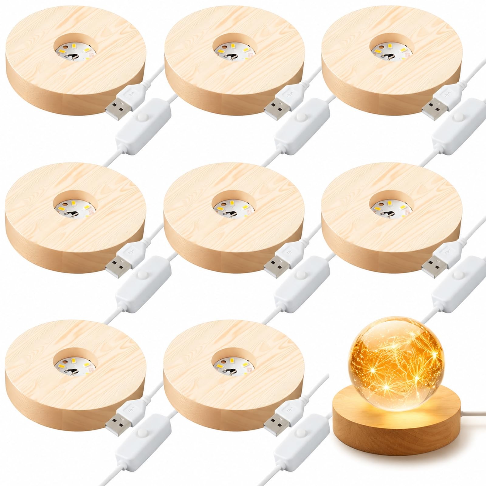8 Pack Wooden LED Light Display Base with Switch, 3.9” Round Warm Light Stand…