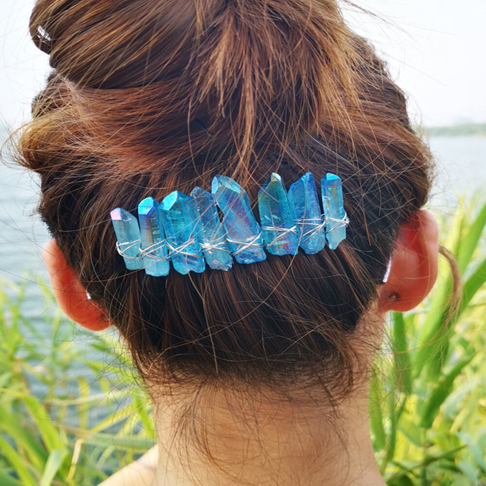 Women Natural Crystal Quartz Hair Comb Headdress Branches Wired Stone 20 teeth