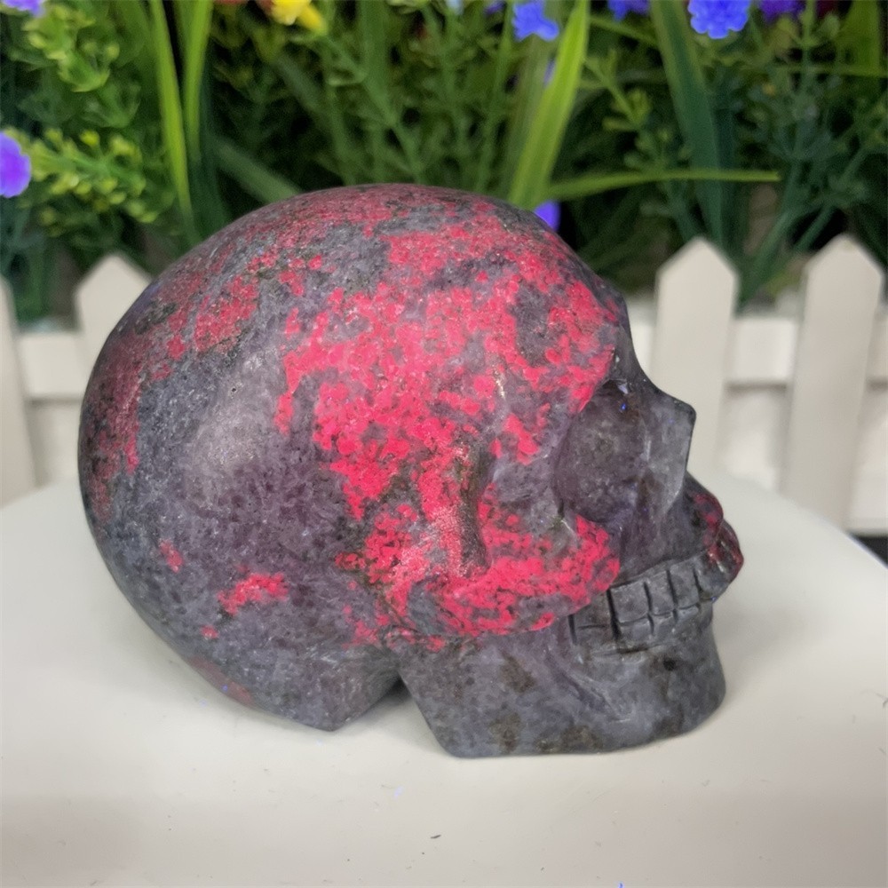 1.3LB 3.1″ Natural Ruby In Fuchsite Skull Carving Crystal UVHealing Carved Decor