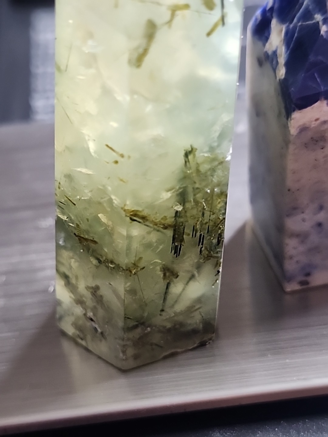 Natural Crystal Tower Set – Prehnite with Epidote & Sodalite – 2-Piece Point Set