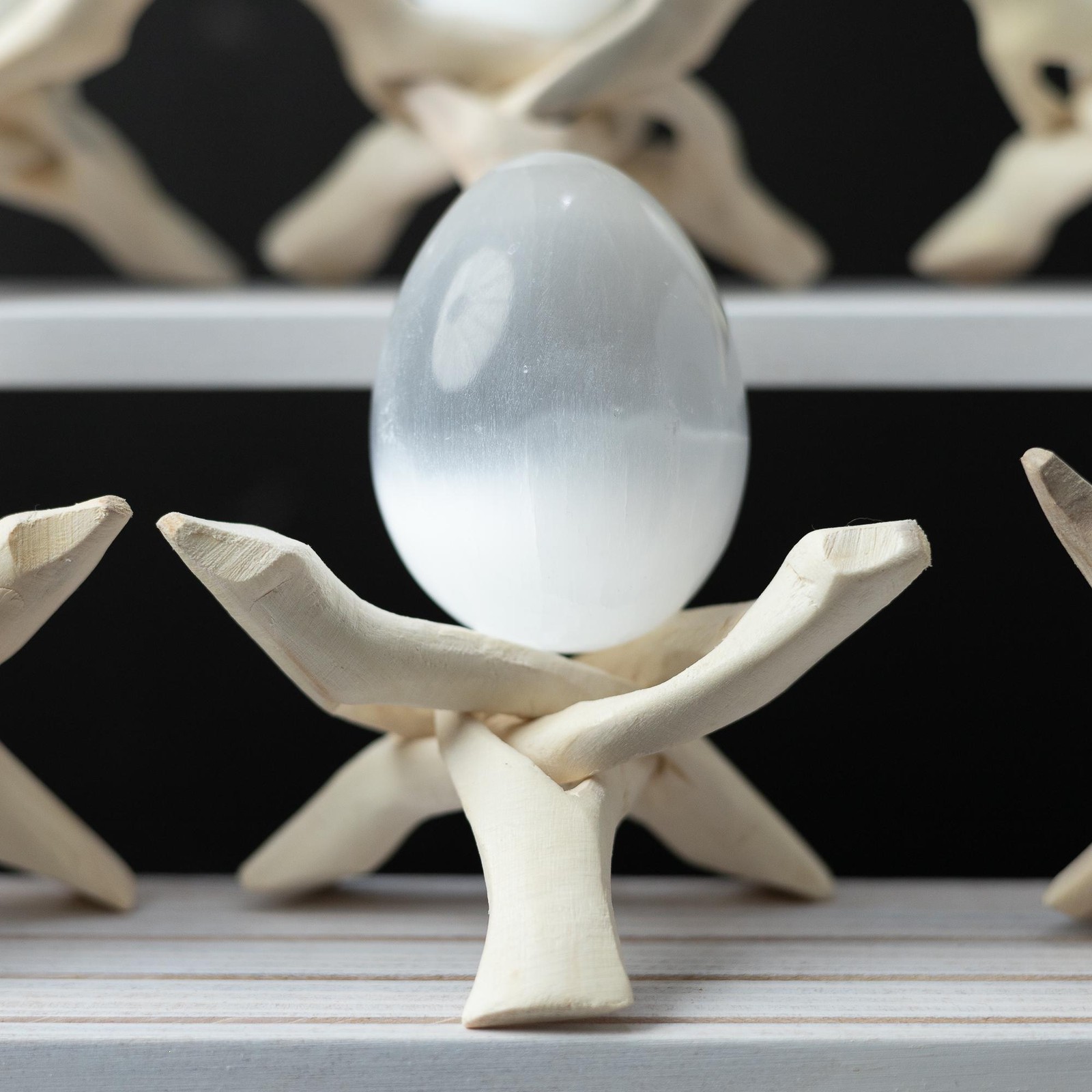 Selenite Egg with Wooden Tripod Stand Polished White Crystal Charging Stone Gift