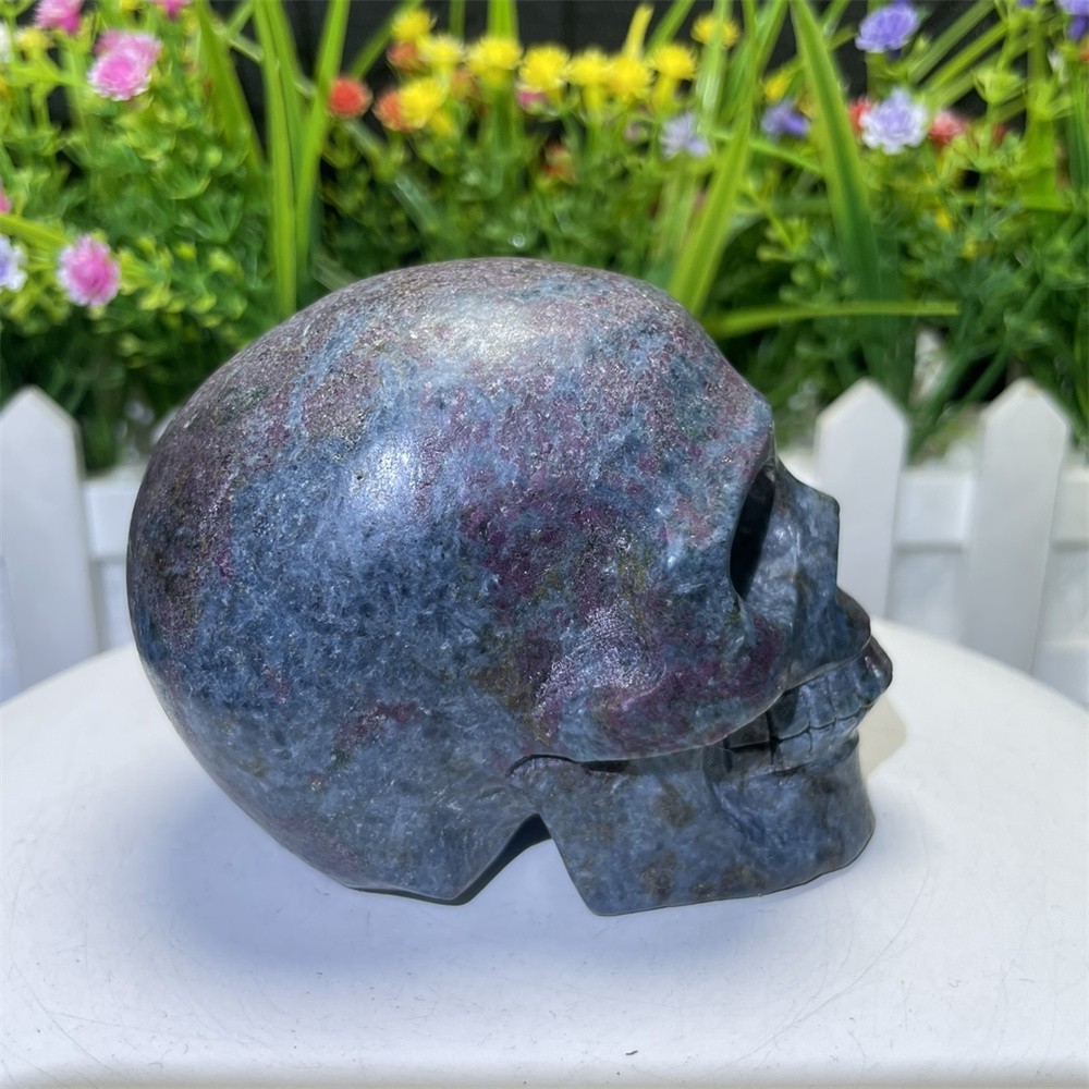 1.3LB 3.1″ Natural Ruby In Fuchsite Skull Carving Crystal UVHealing Carved Decor