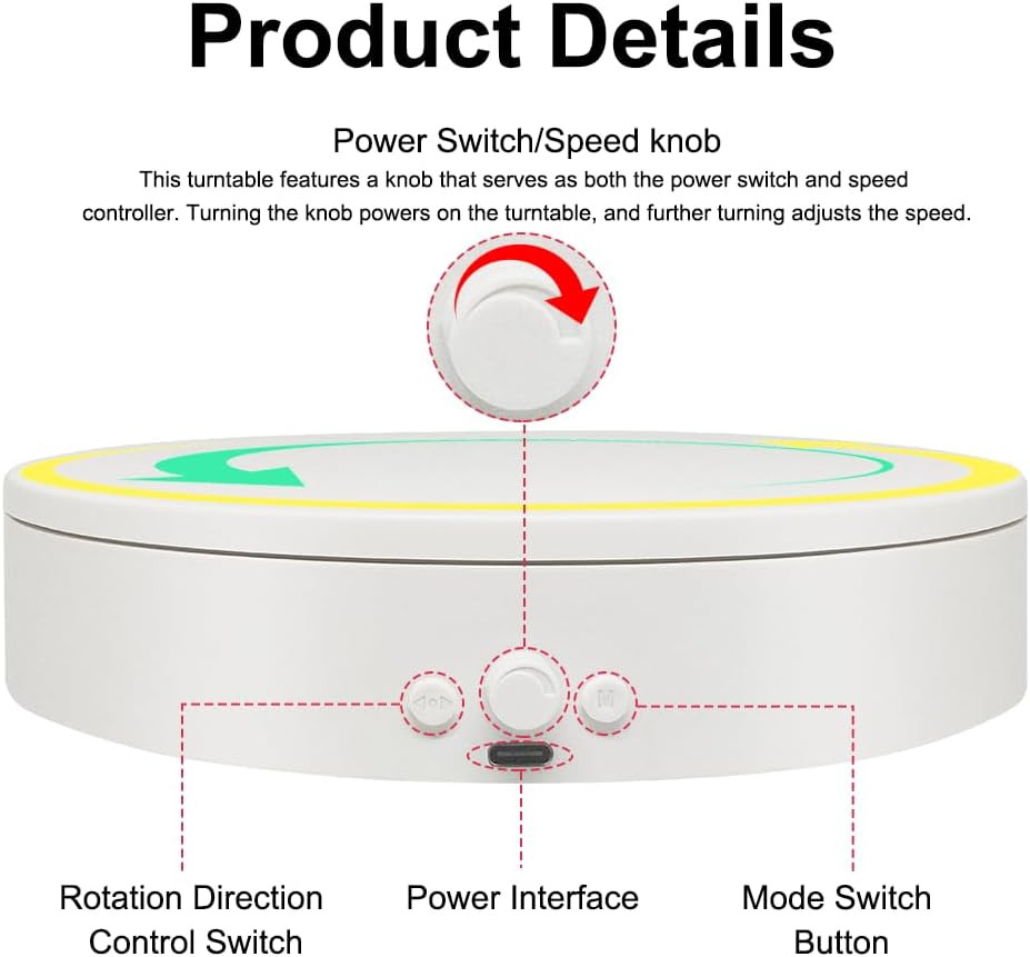 Rotating Display Stand with Type-C Power Cable, Motorized Turntable Adjustable