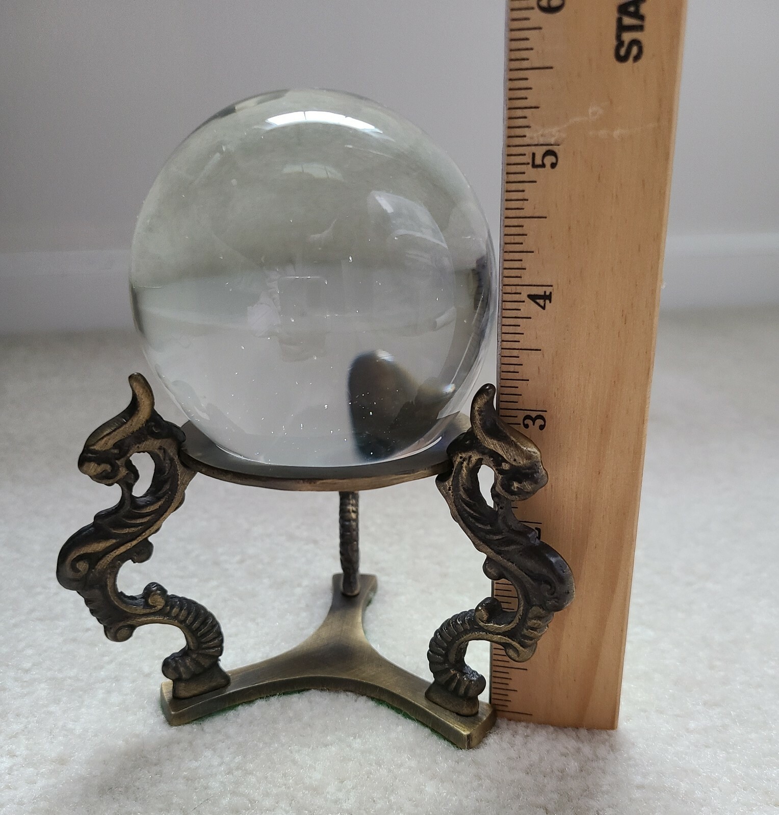 Clear Crystal on Brass Dragon Stand No Chips Not Round has Flat Bottom 3″