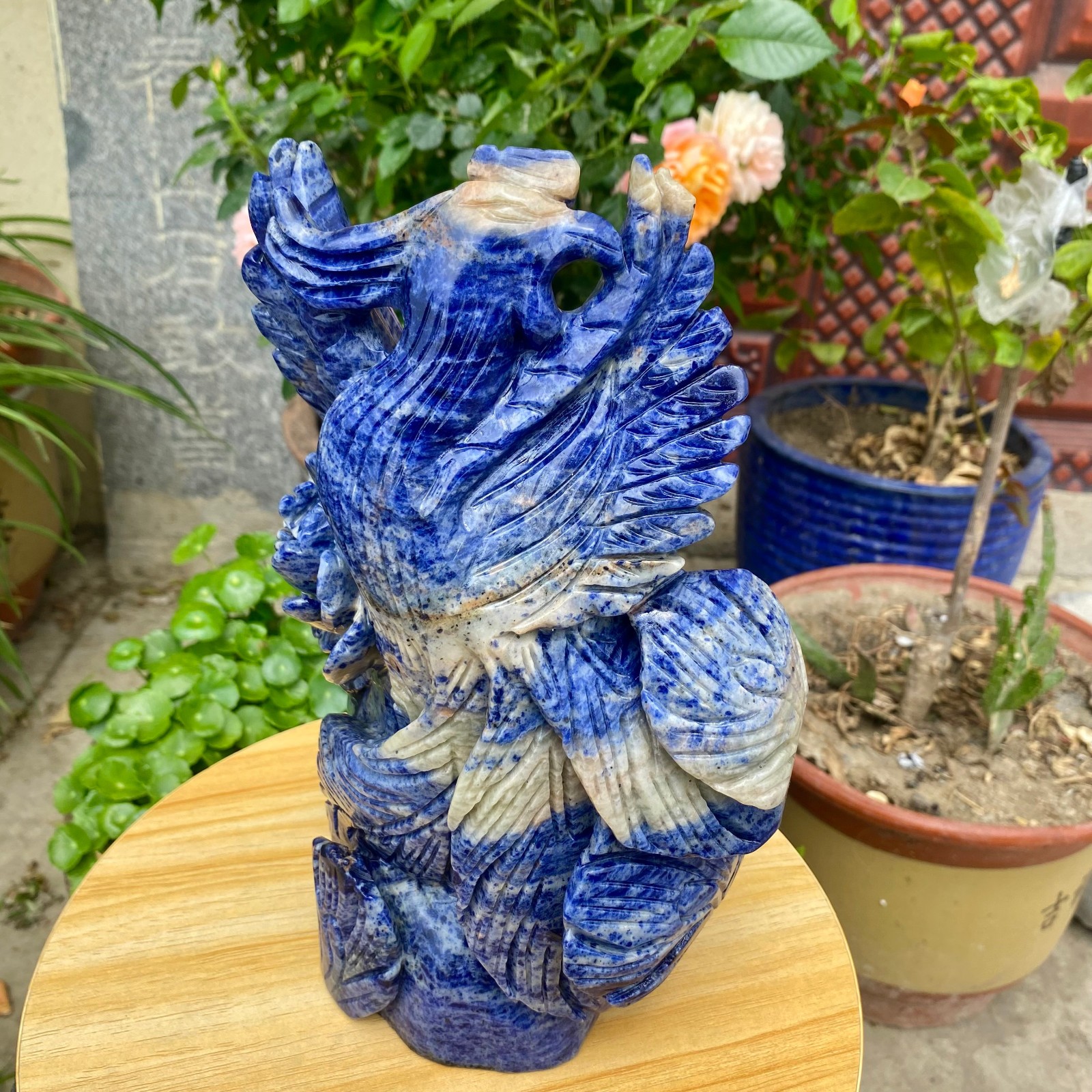 7.05LB Natural Blue Vein Stone Phoenix Carving, Home Decoration
