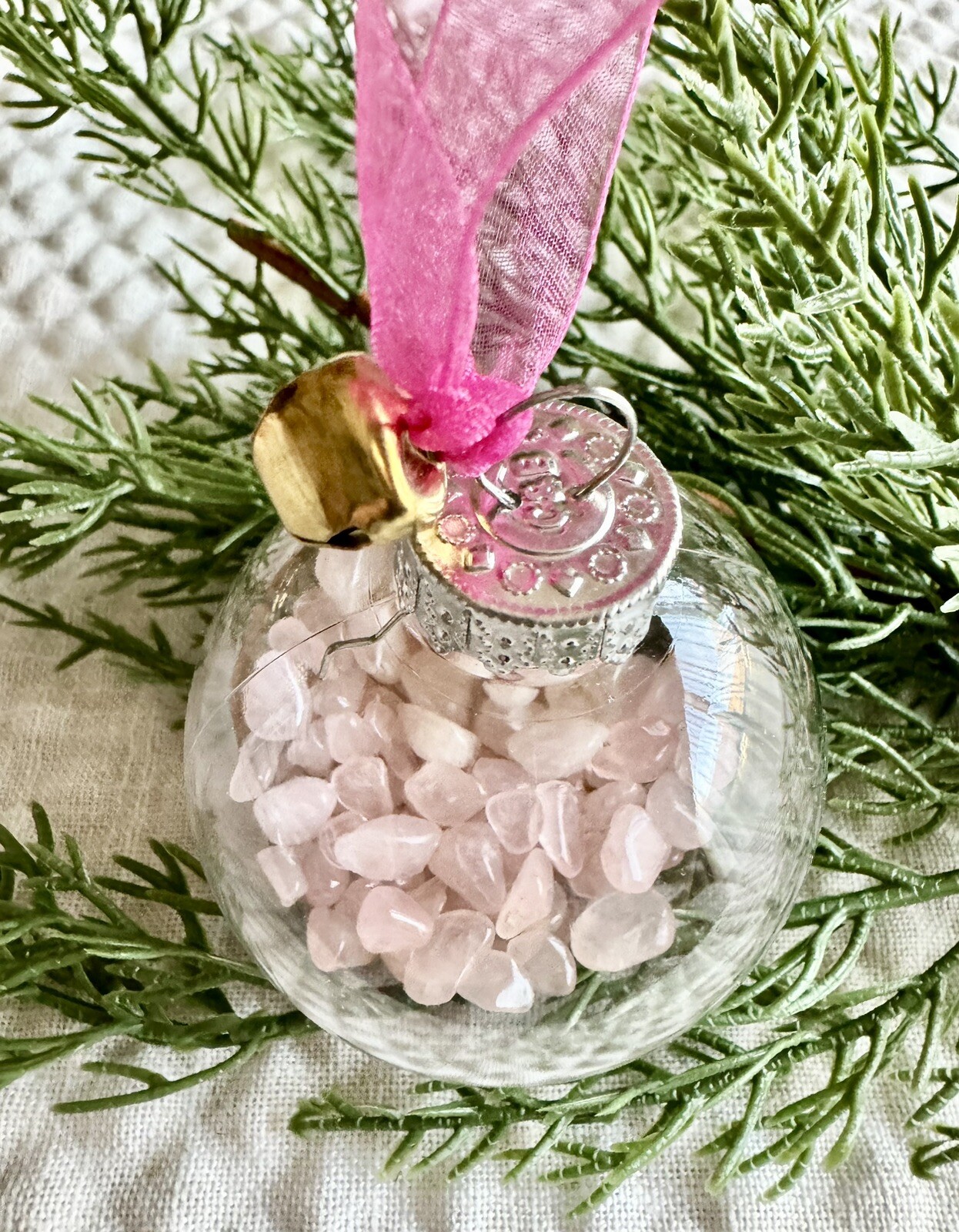 New Pink Christmas Ornament w/ Mini Natural Rose Quartz Crystal Gemstones 1/8 lb