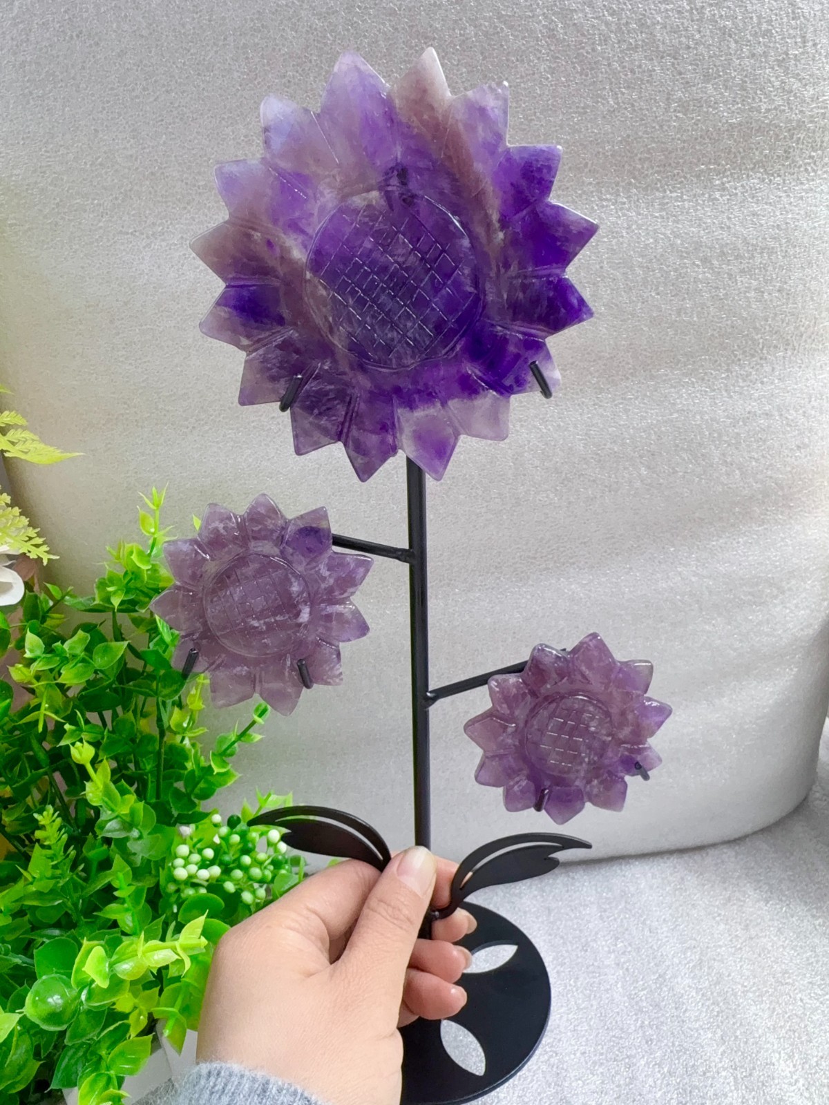 11” Amethyst sunflower on stand Crystal carved flowers home decoration 1pcs
