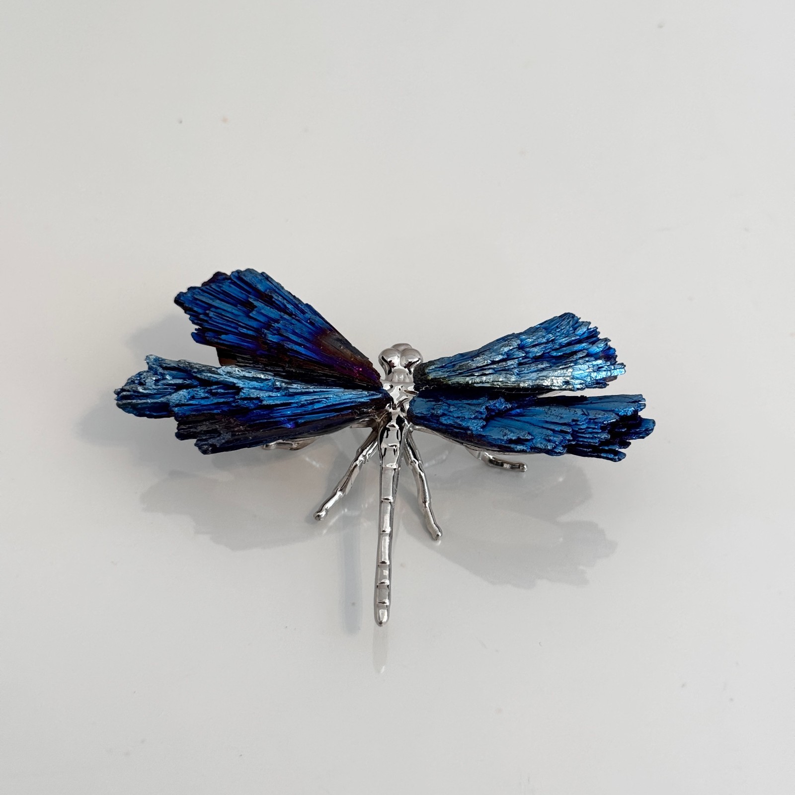 Handmade Blue Kyanite Dragonfly Gold Tone Metal Crystal Figurine Boho Art 3 Inch