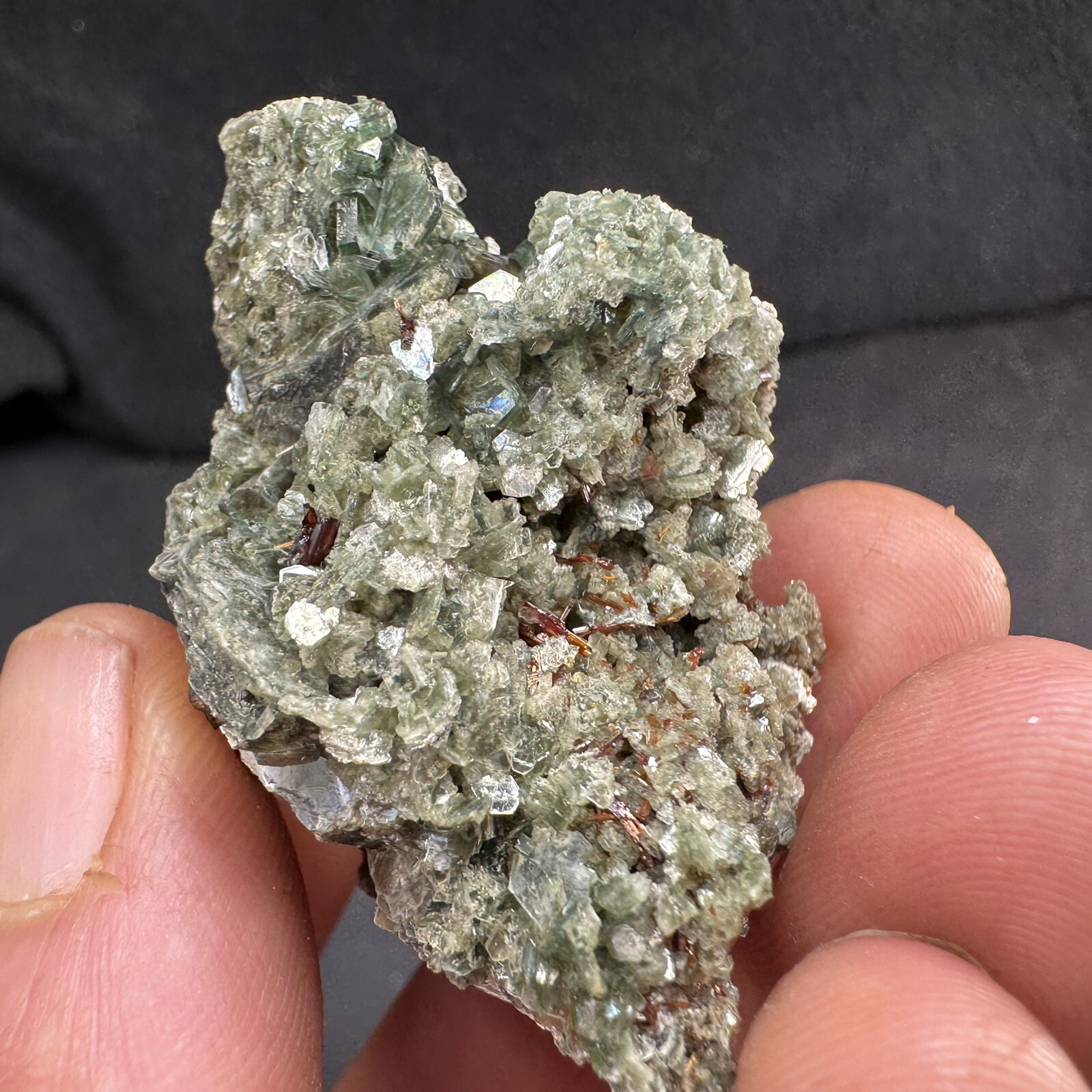 Lot of 4 Green Crystalized Mica Crystal Clusters with Rare Red Rutile Crystals