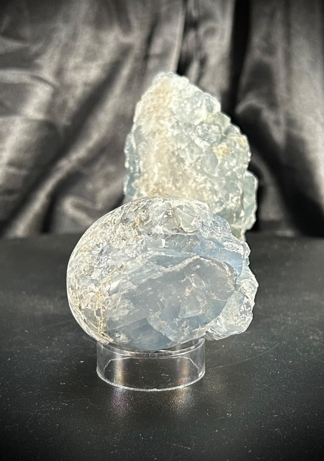 Pair of Celestite Freeform Specimens with Clear Acrylic Stands 1lb 5.8oz