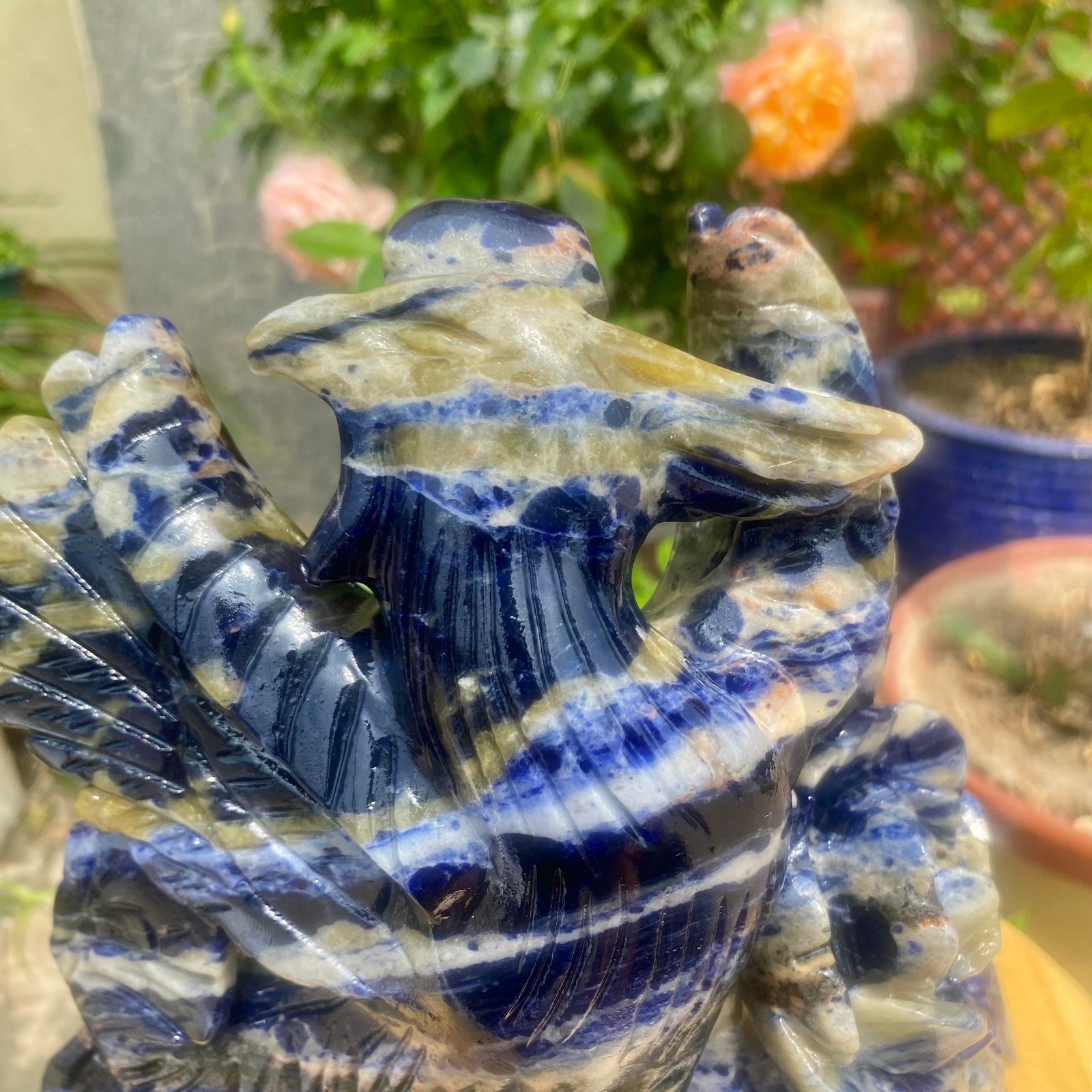 6.61LB Natural Blue Vein Stone Phoenix Carving, Home Decoration