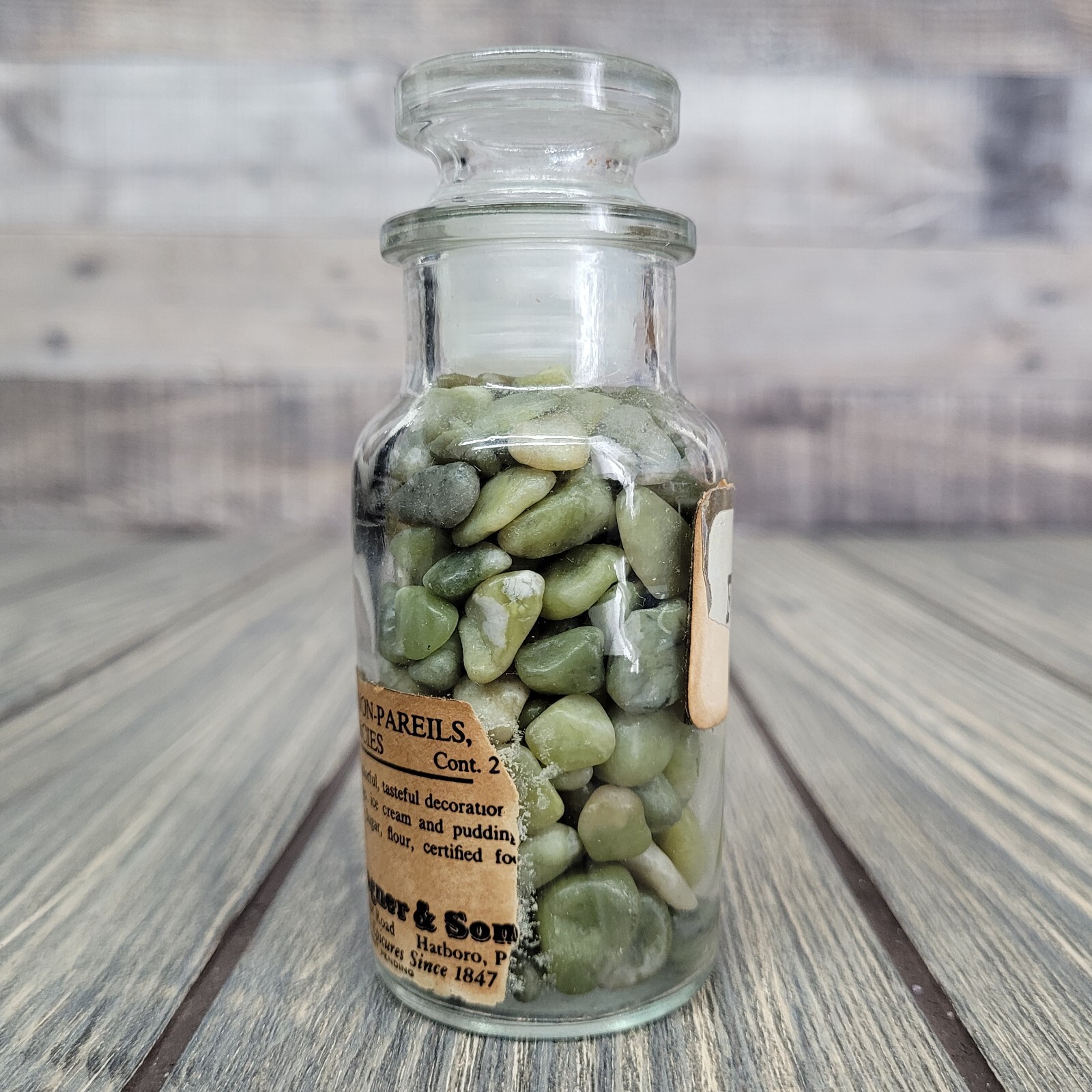 4oz Serpentine Crystal Tumbles in Vintage Apothecary Glass Jar “Fancies” Wagner