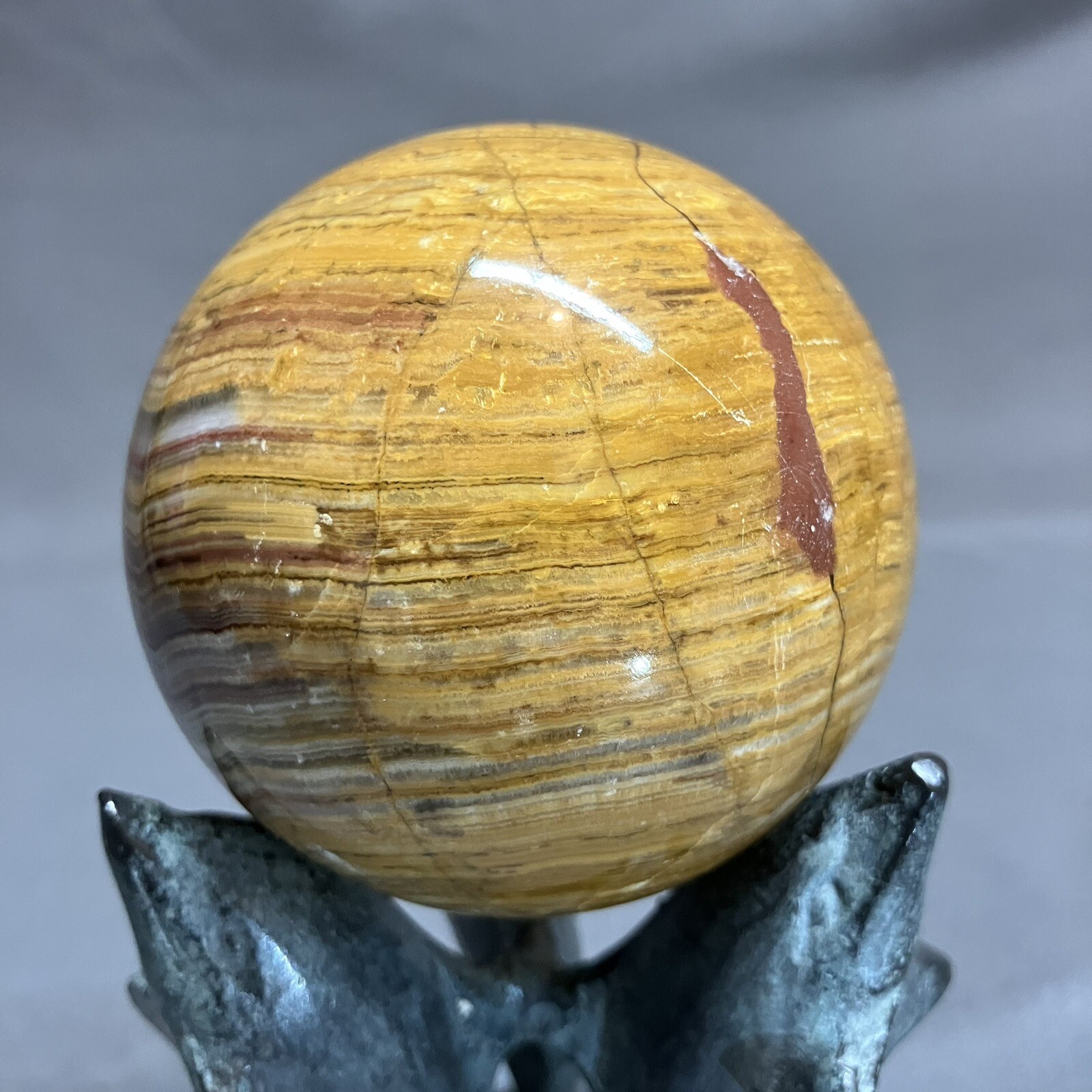 3” Banded Gemstone Dolphin Stand / Onyx ? Stone / Sphere Ball / 76mm / REPAIRED
