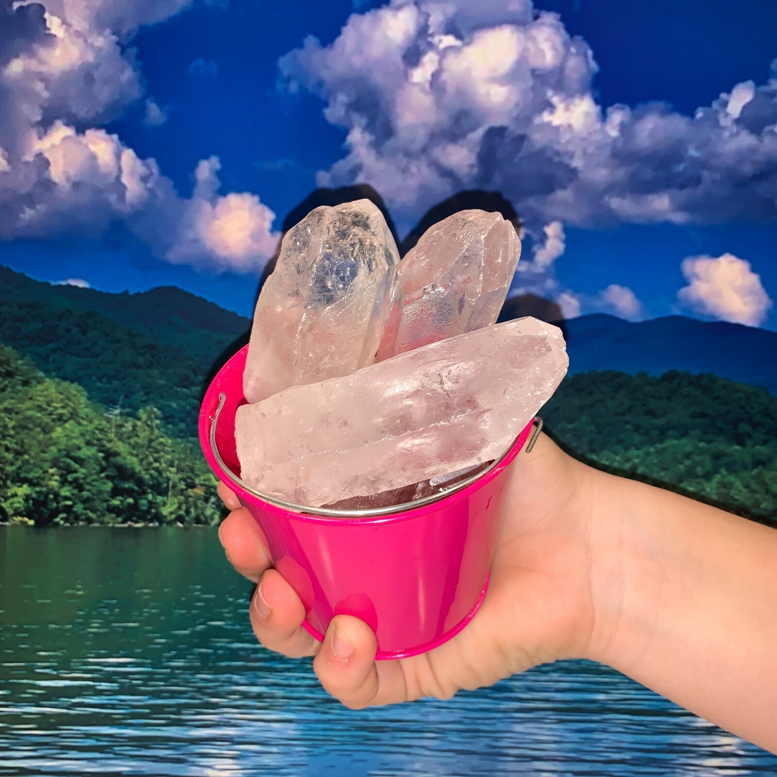 Bucket Full of Large Crystal Points Rough + FREE gemstone – Pick Bucket Color