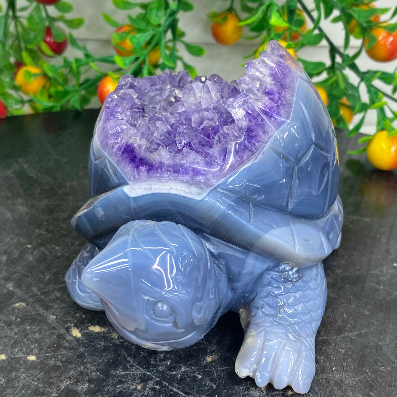 2.51LB Natural amethyst agate turtle Crystal turtle carving healing Home decora