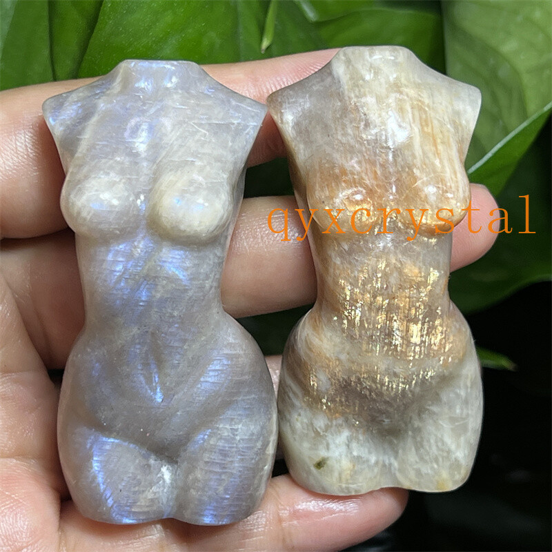 A++ Natural moonstone Carved Women Naked skull Quartz Crystal Figurines 2.4″ 1PC