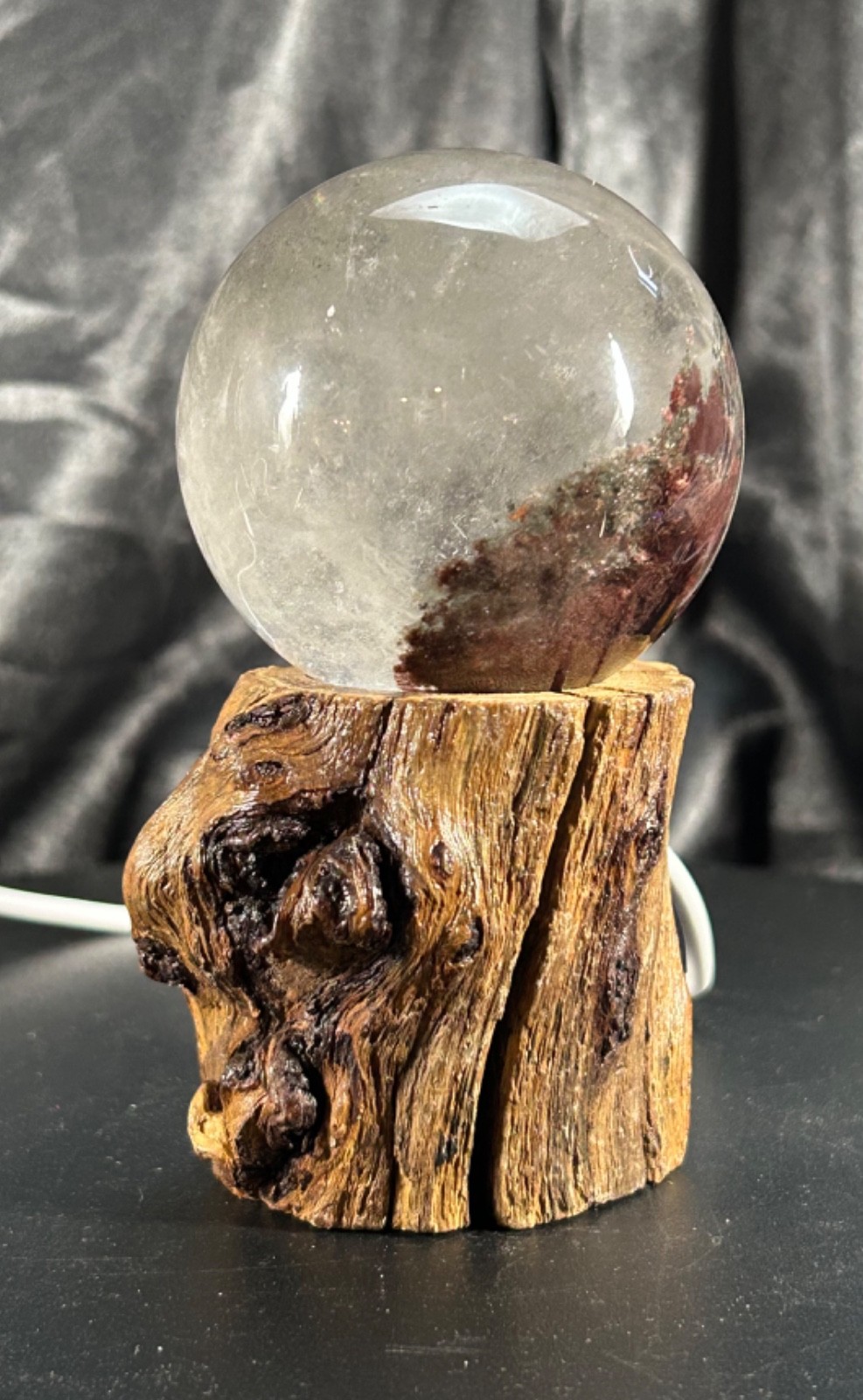 2.34 inch Garden Quartz Sphere With Custom Lighted Natural Wood Stand