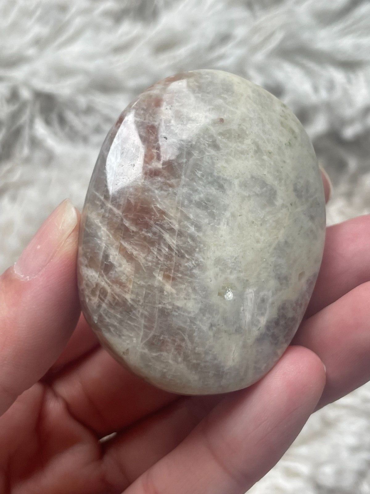 Rainbow Moonstone with Sunstone Palmstone, Medium – Blue & Silver Flashes (MZ)