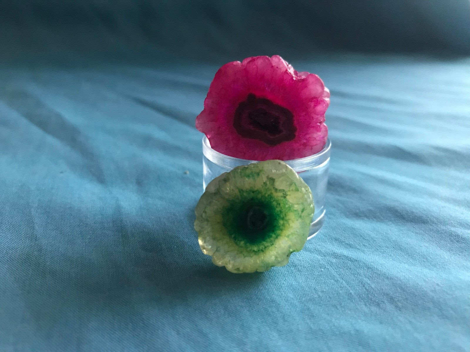 2 New 1 Pink & 1 Green Cut, Dyed & Polished Crystal Stone Stalactites