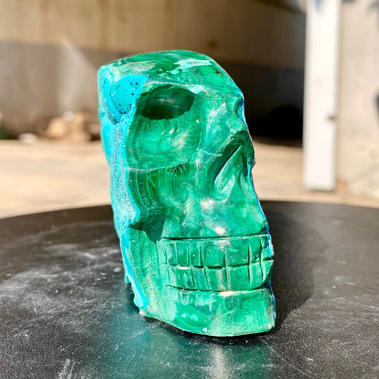 418G Natural Malachite silicon Quartz Crystal Skull Carved Stone Skeleton