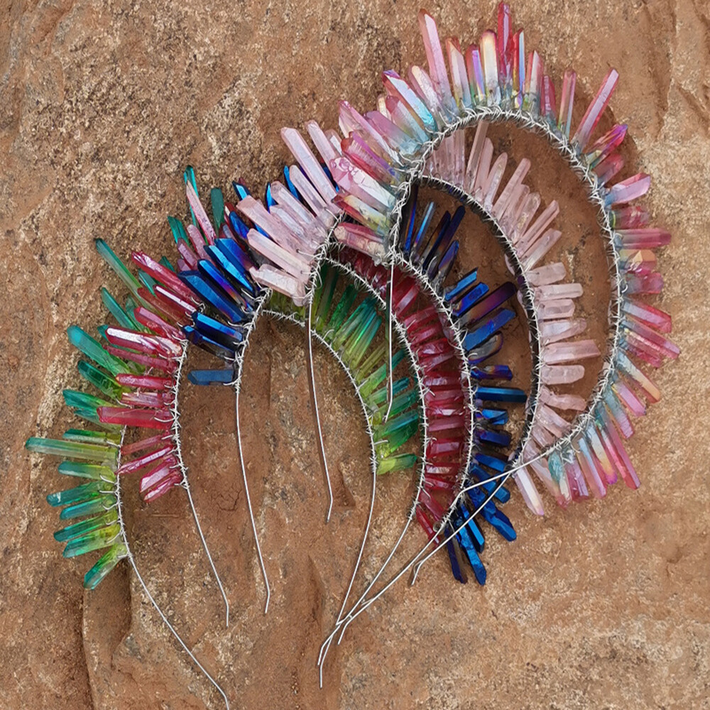 Sun Goddess Crown Hair Hoop Raw Crystal Quartz Tiara Headband Color Gradient