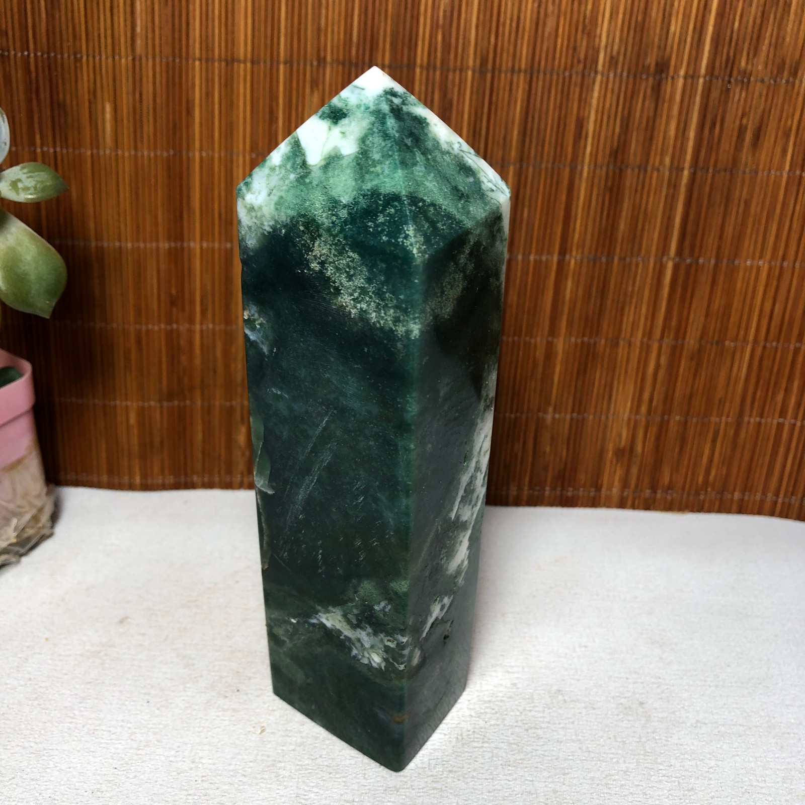150mm Natural Polish Moss Agate Multiple veins Crystal Wand free standing A2284