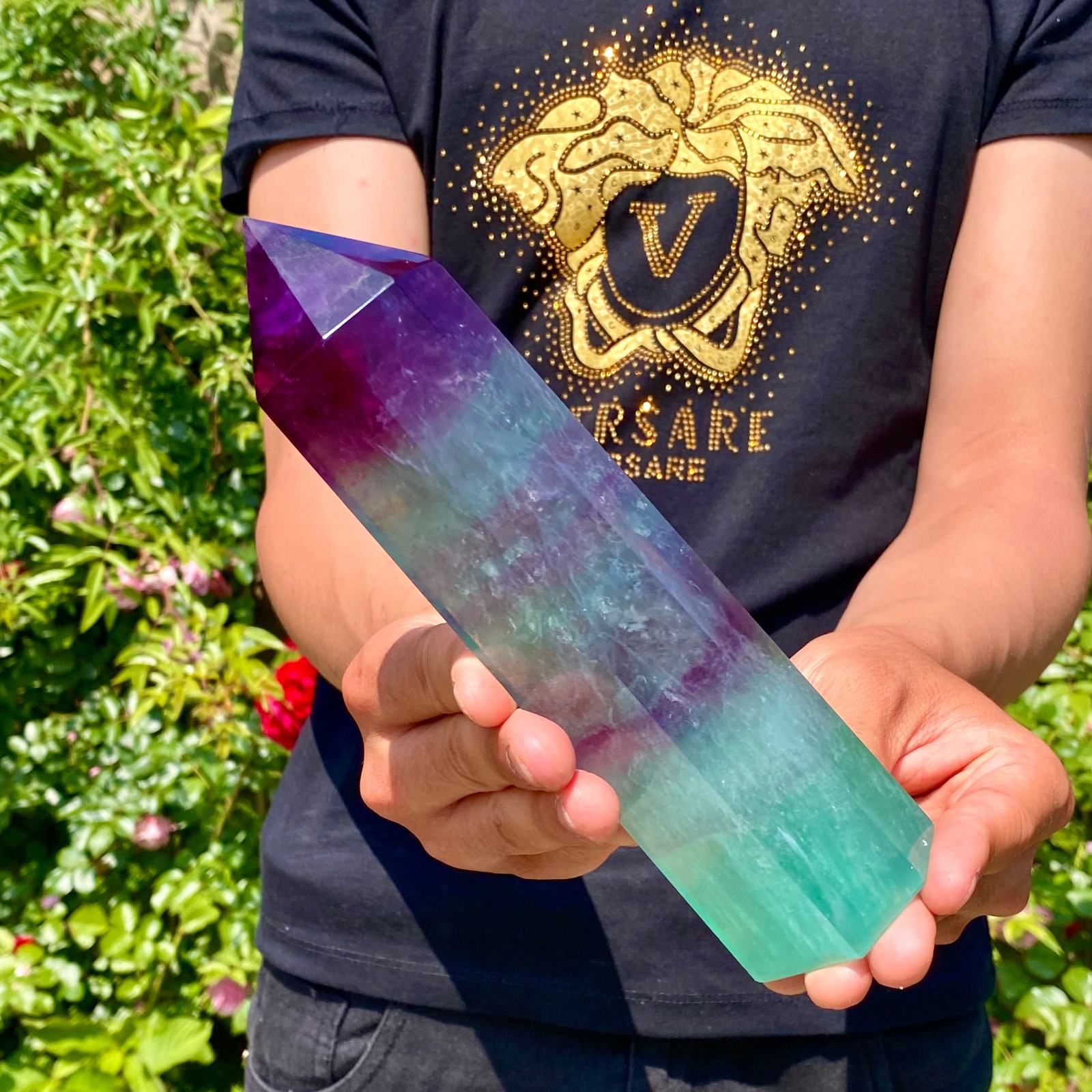 1.8LB Natural rainbow fluorite obelisk quartz crystal wand point Gem Healing