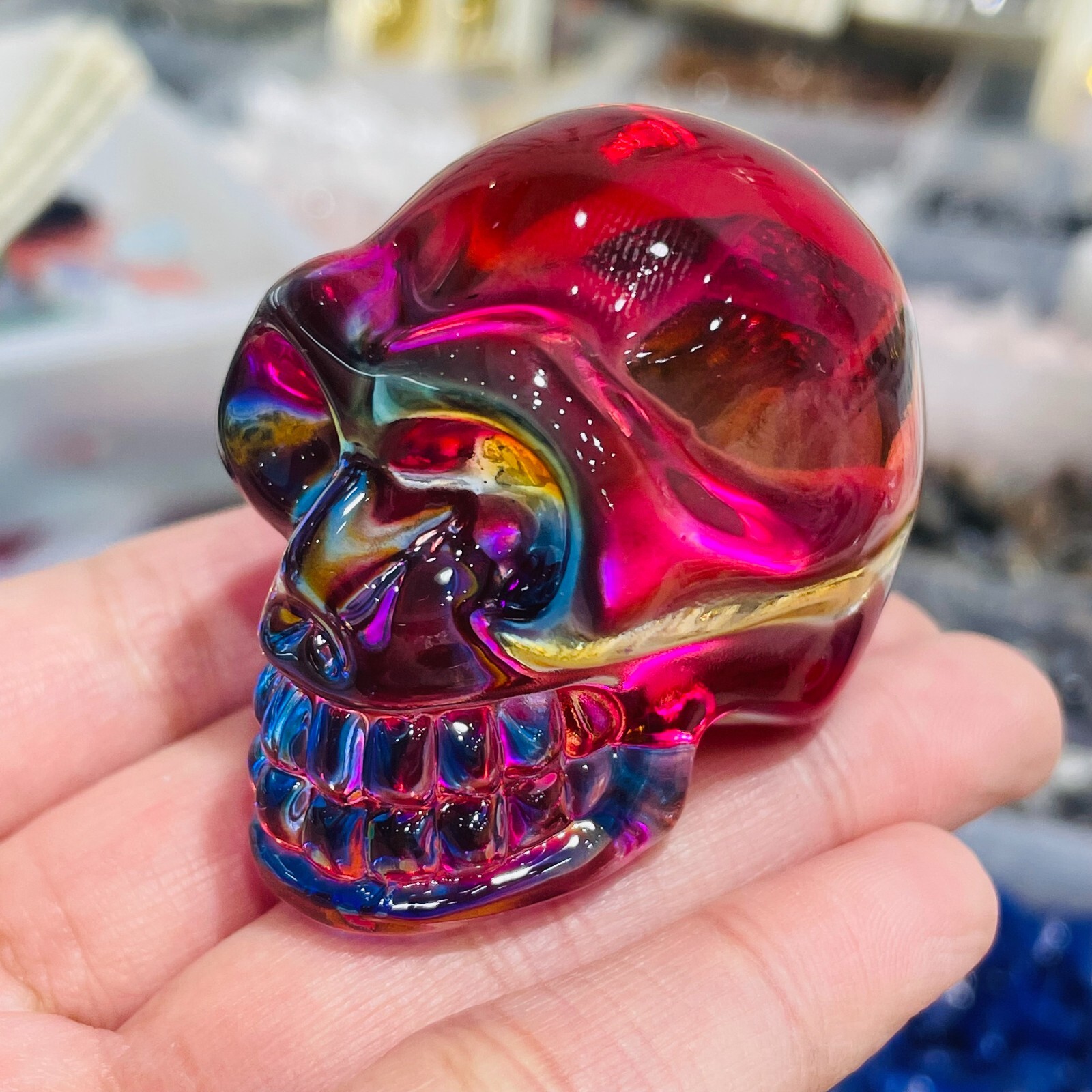2″ Rainbow Titanium melting Quartz Hand carved skull crystal reiki healing 1PC