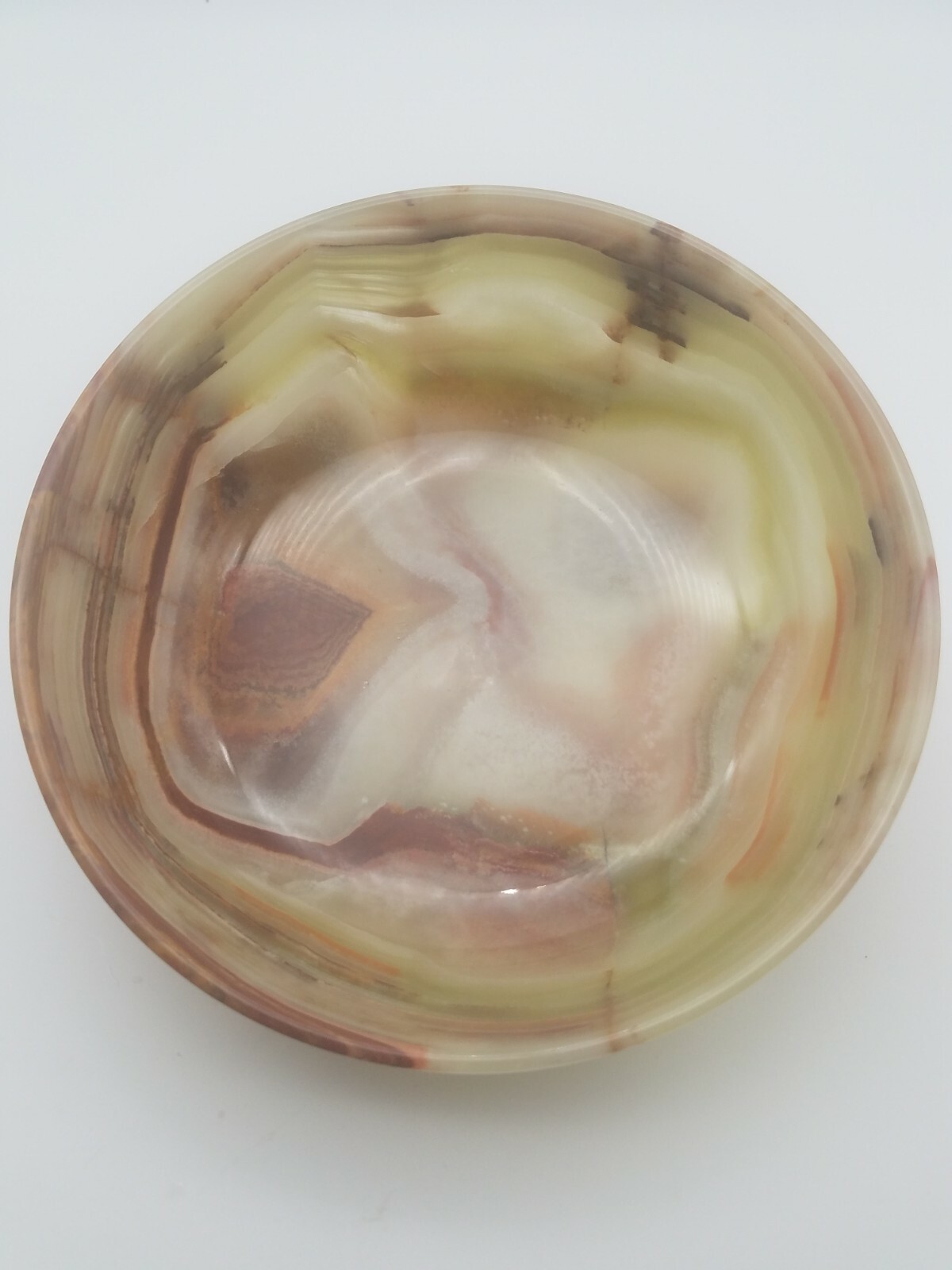 6″ Thin Carved Onyx Bowl Green, Red, Gold, Brown, White Veins