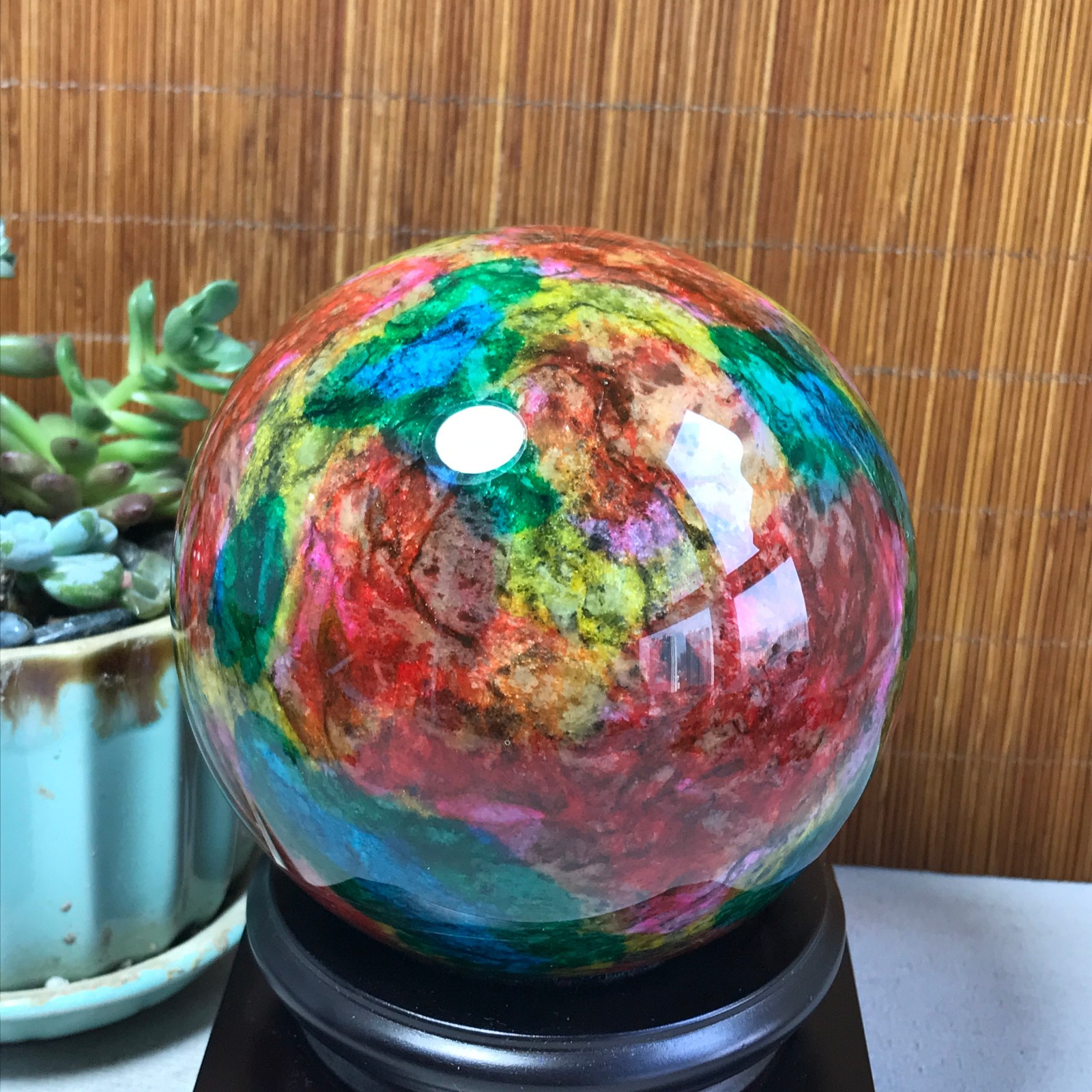 Natural “Seven Colors Jade” sphere Ball -Taiwan China 1.85kg Base Random A5806