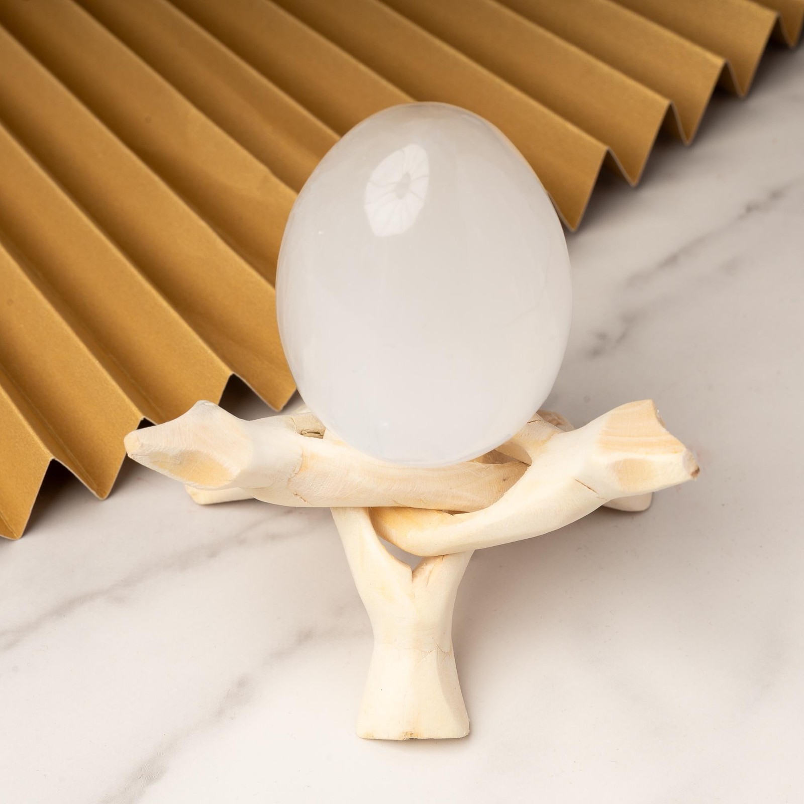 Selenite Egg with Wooden Tripod Stand Polished White Crystal Charging Stone Gift