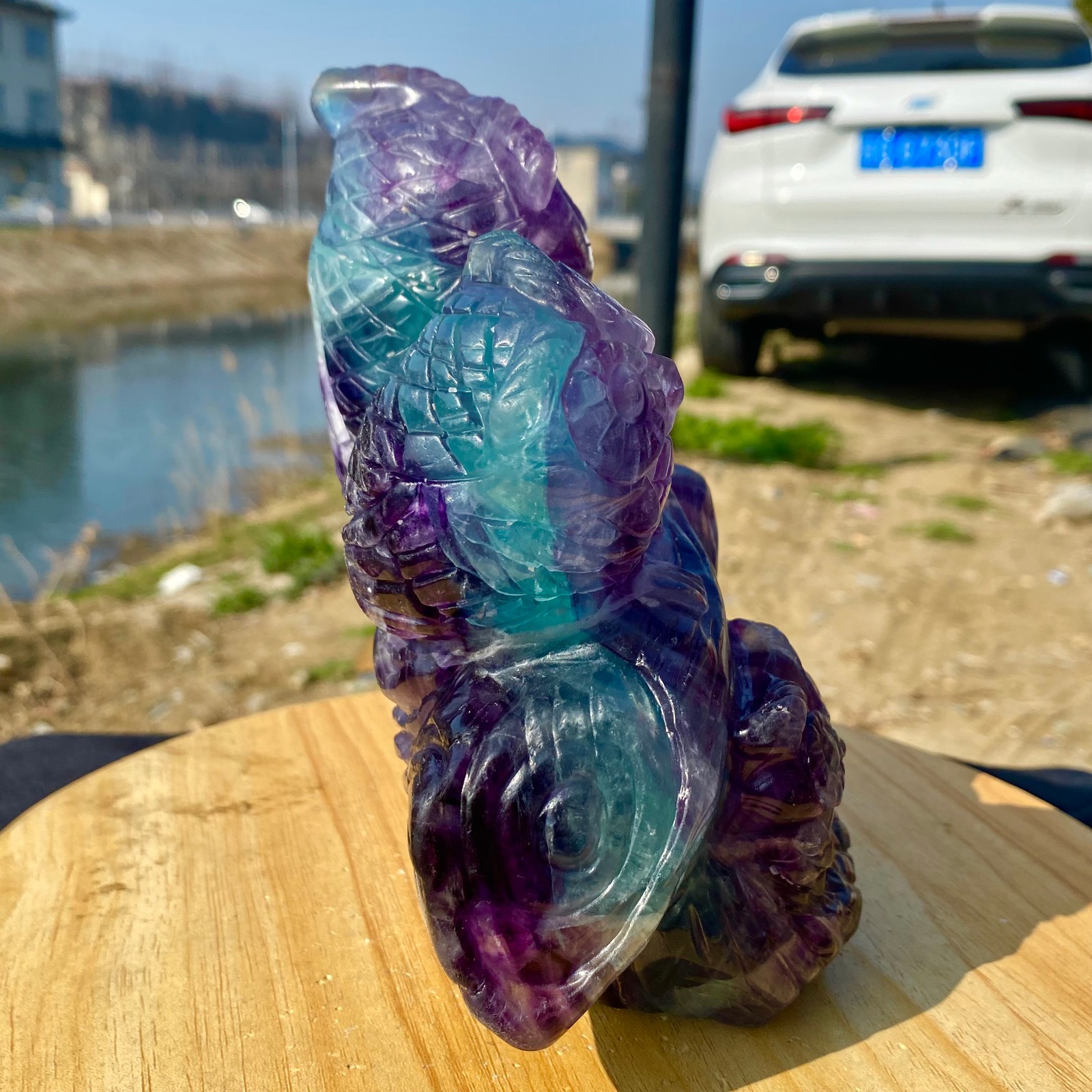 5.62LB Natural Fluorite Quartz Owl Sculpture Hand Carved Crystal Reiki Energy