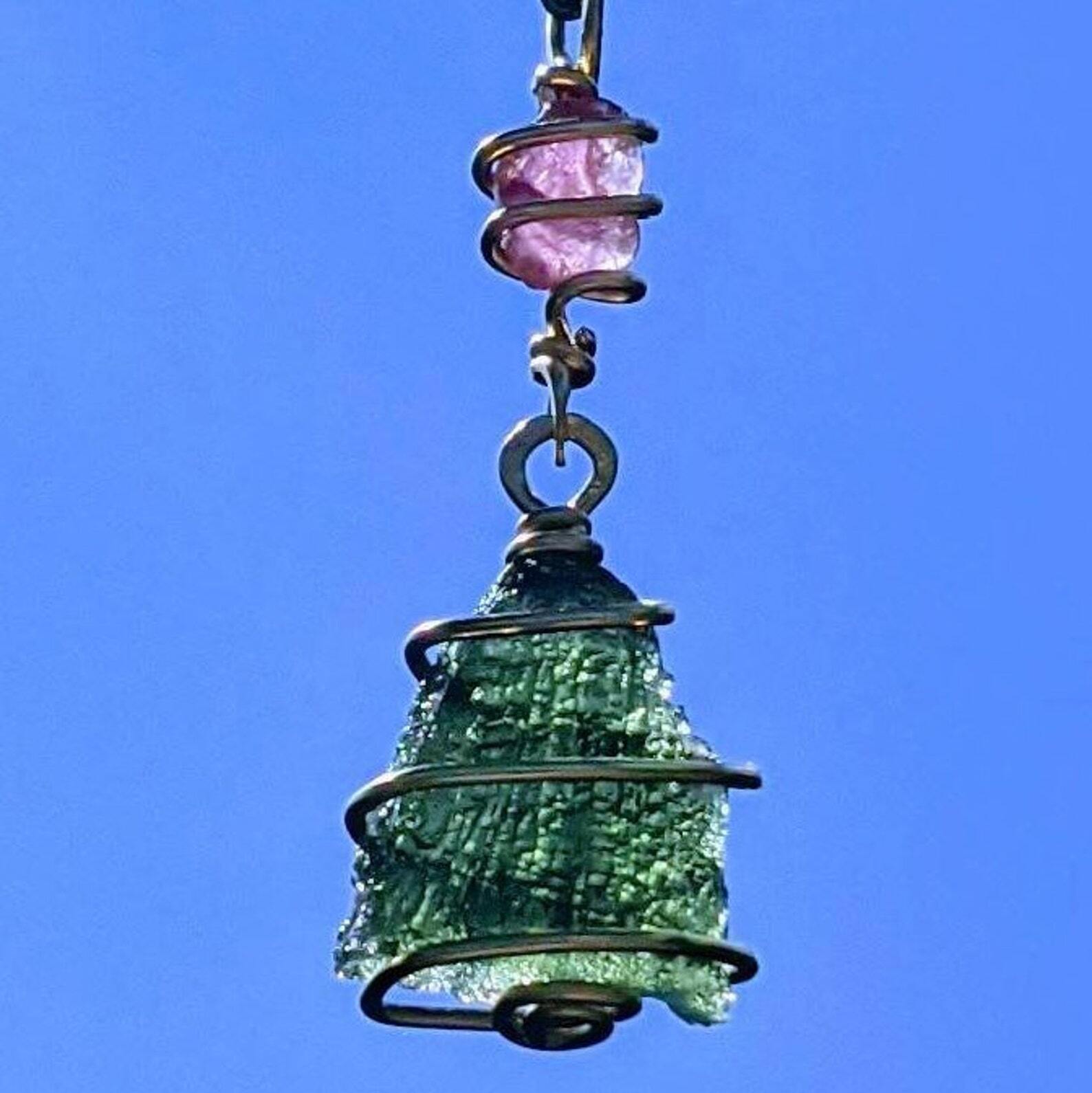 MOLDAVITE NECKLACE Pink Tourmaline 12kt Gold Certified Genuine Moldavite Pendant