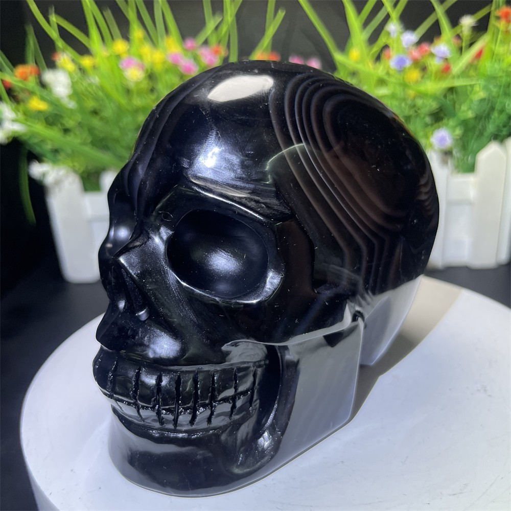 2.2LB 3.9″ Natural Black Sardonyx Agate Skull Carving Crystal Quartz Home Decor
