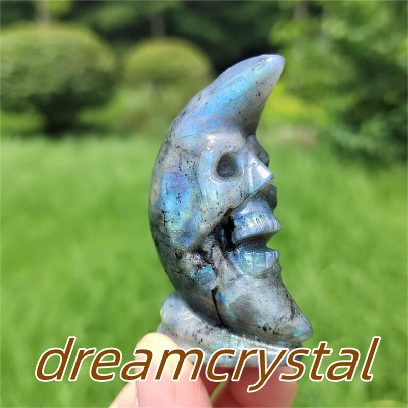 2.2″ Natural Labradorite Skull Carved Quartz Crystal Moon Reiki Sculpture 1pc