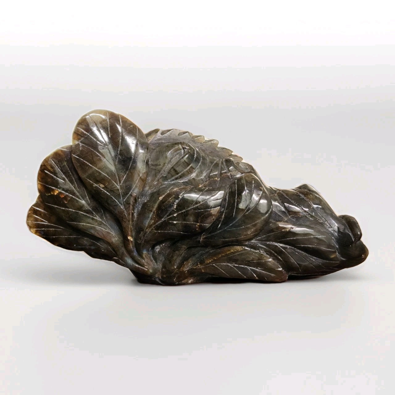 Labradorite Hand Carved Lizard In The Leaves 3.75″ Tall – 924 grams – USA