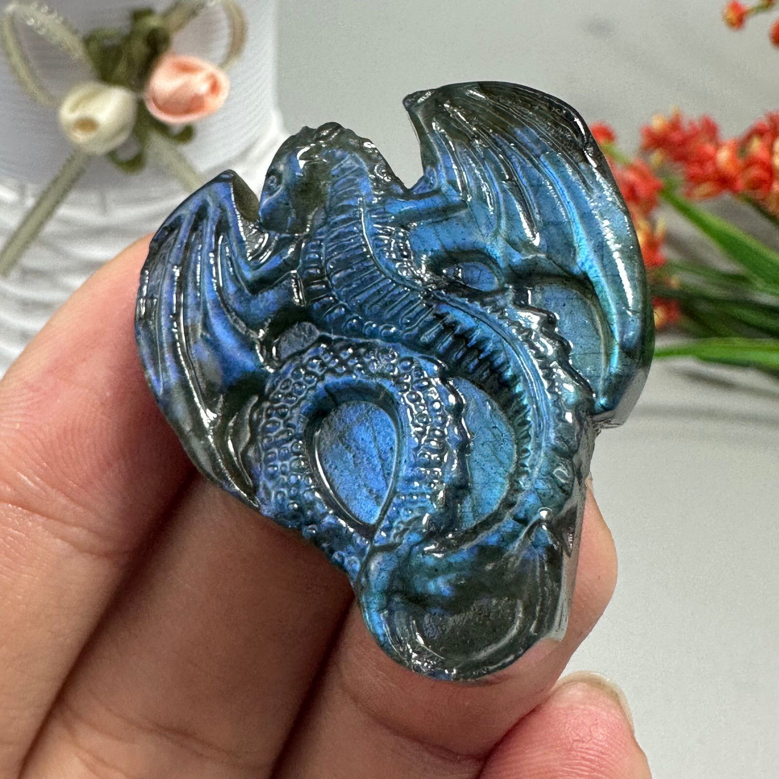 Natural Labradorite Carved dragon Quartz Skull Crystal Specimen Healing 1PC