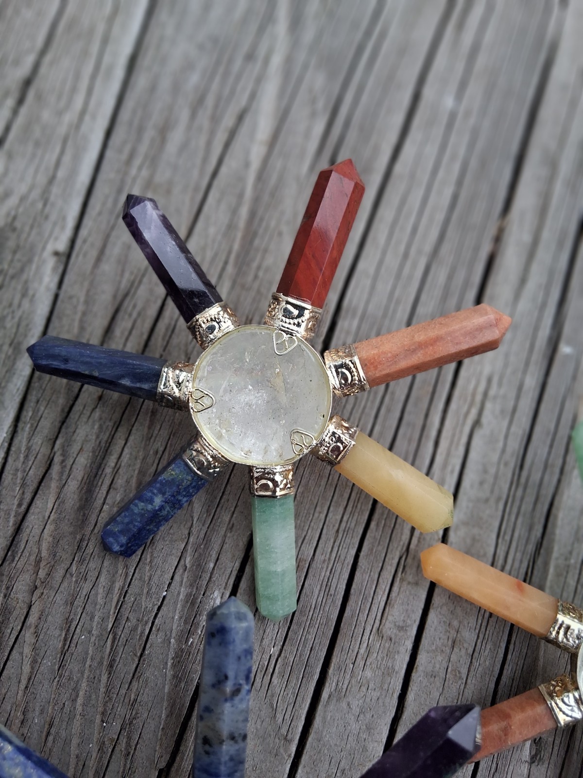 7 Chakra Stones w. Energy Focusing Center Crystal Cone Silver Band Set Of 3