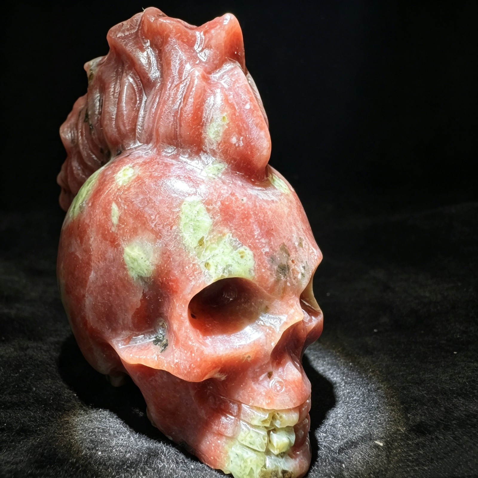 Natural Peach Blossom Tourmaline Skull Carving Figurine Gothic Decor Desk Orname