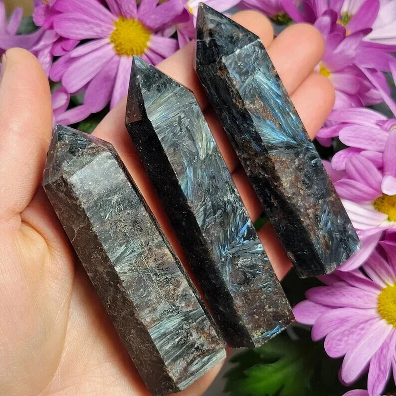 Natural Arfvedsonite Healing Crystal Tower Point Reiki Obelisk Meditation Decor