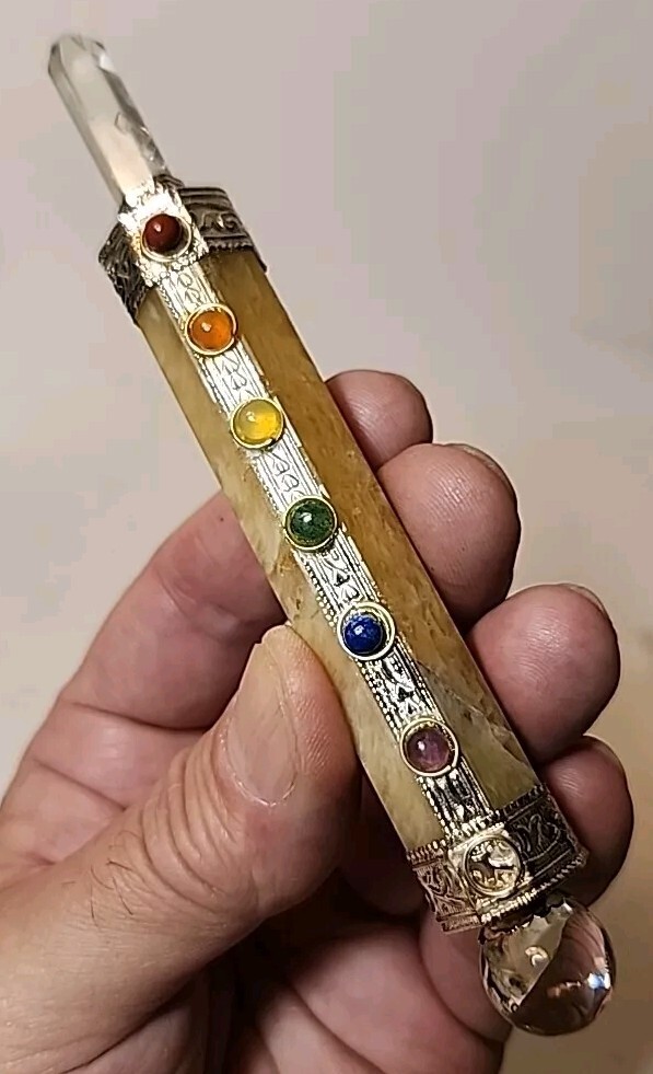 6″ Golden Quartz Reiki Chakra Healing Wand With 7 Chakra Stones And Quartz Lazer