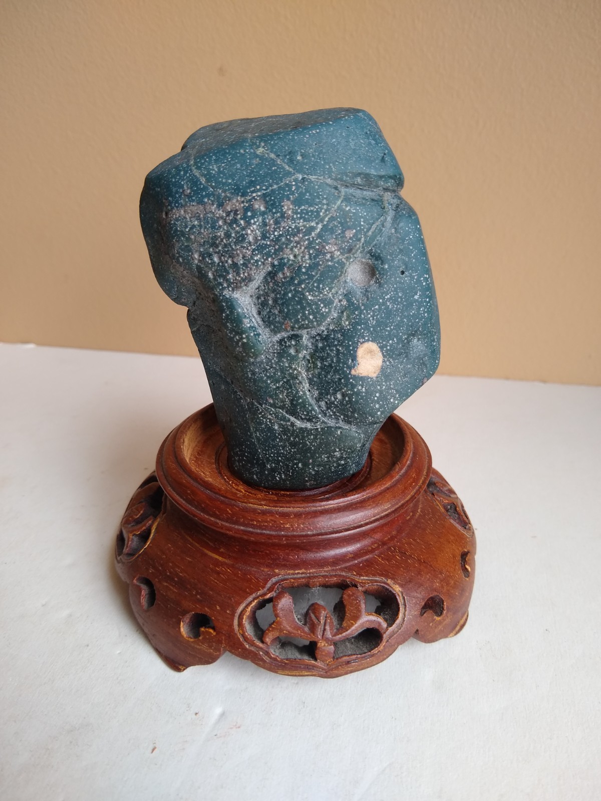 Large Michigan Leland Slag Glass Blue Scholar Stone w/ Base. Exceptional & Rare.
