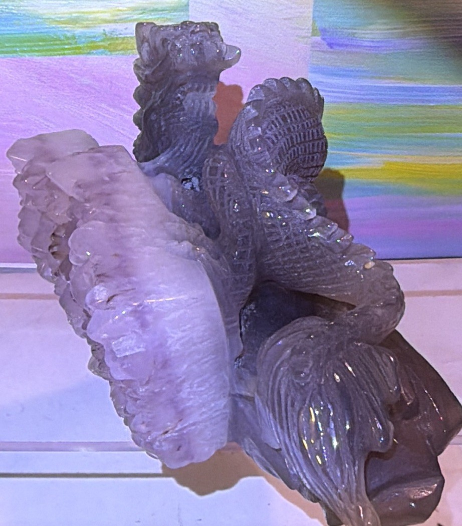Carved Dragon Figure on Quartz Crystal Cluster Base Decorator Piece, 6 in